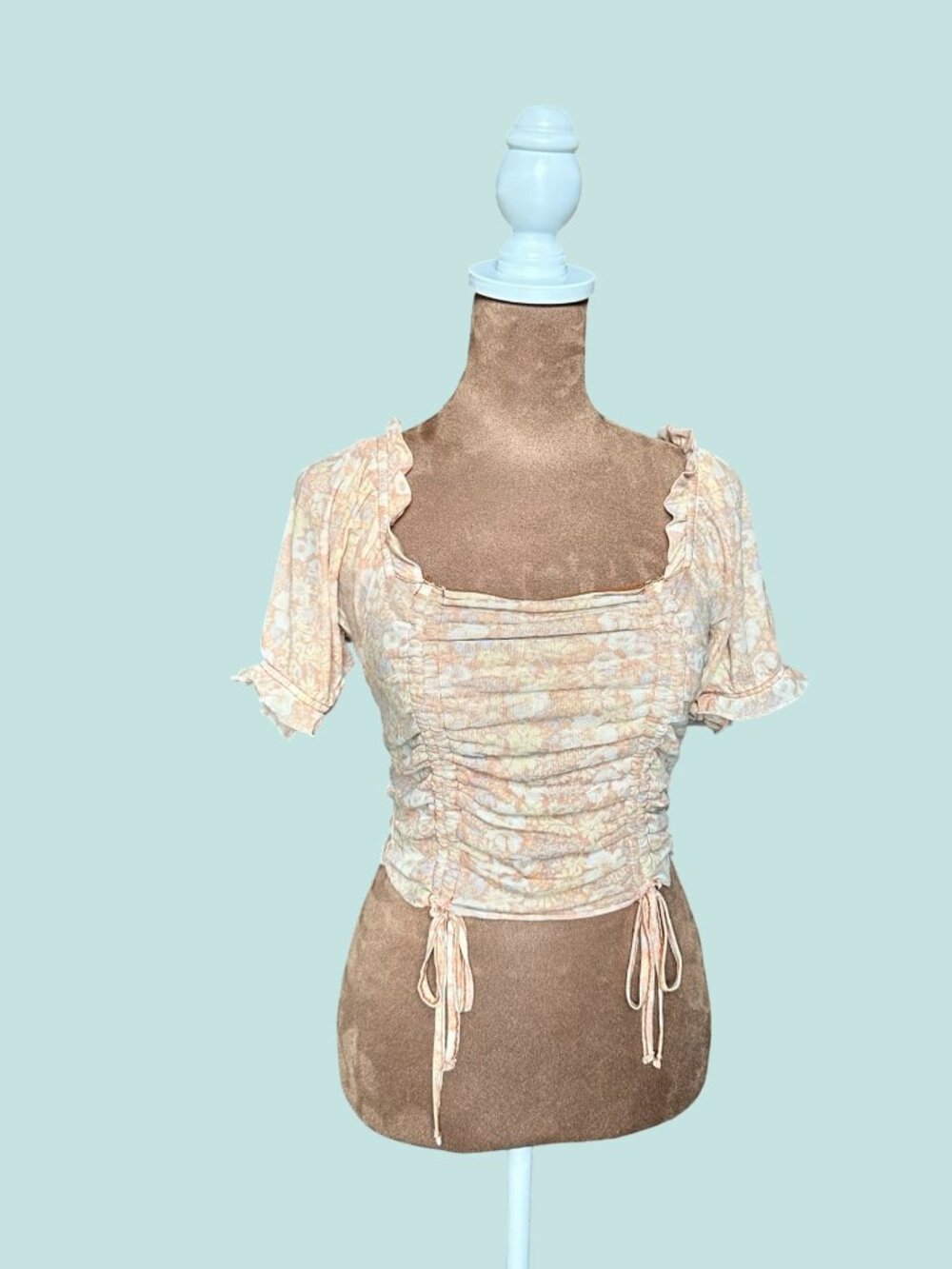 Arizona Jean Co Womens S Y2K Coquette Crop Top Ruched Fairy Floral Puff Sleeve